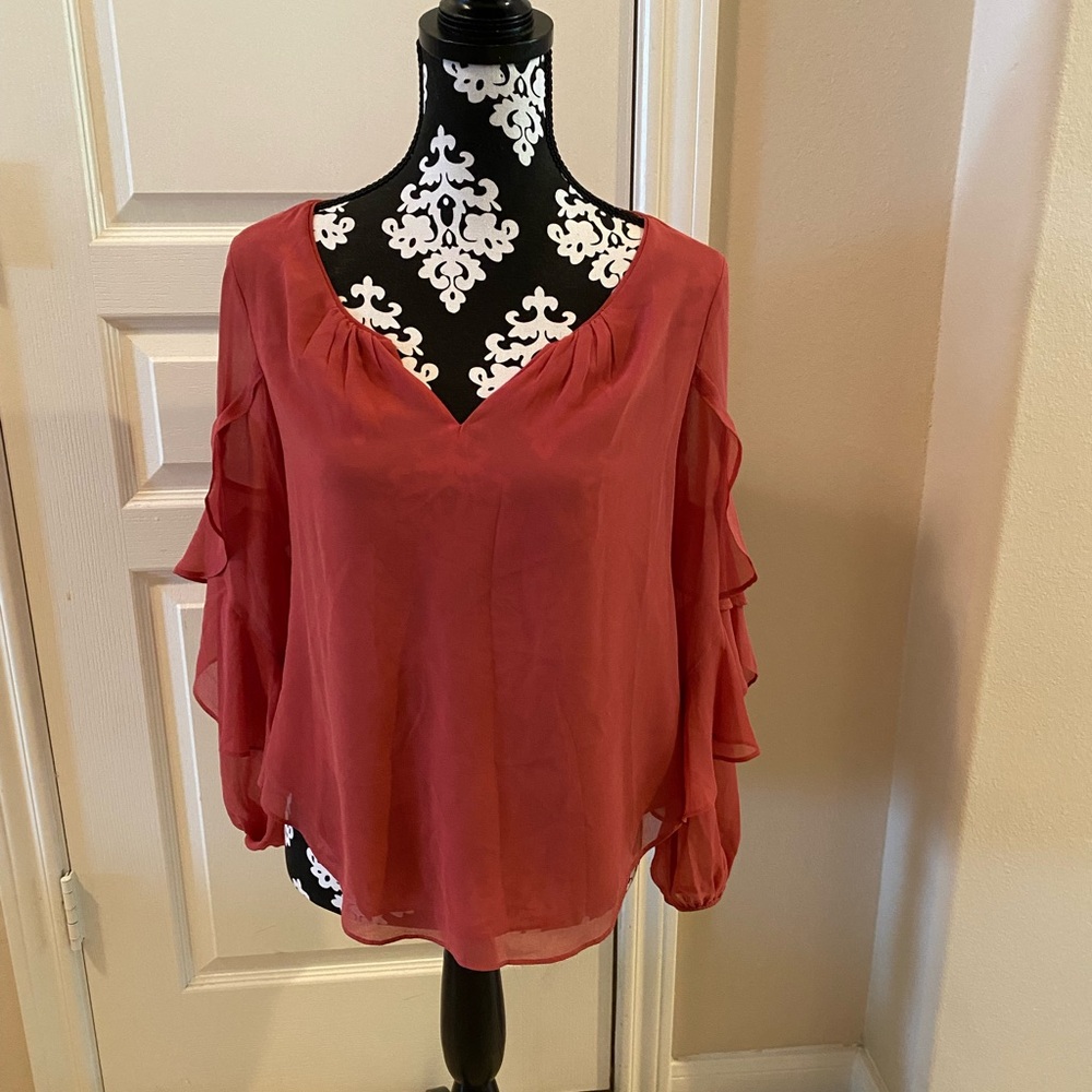 White House Black Market Rose Ruffle Sleeve V-Neck Blouse